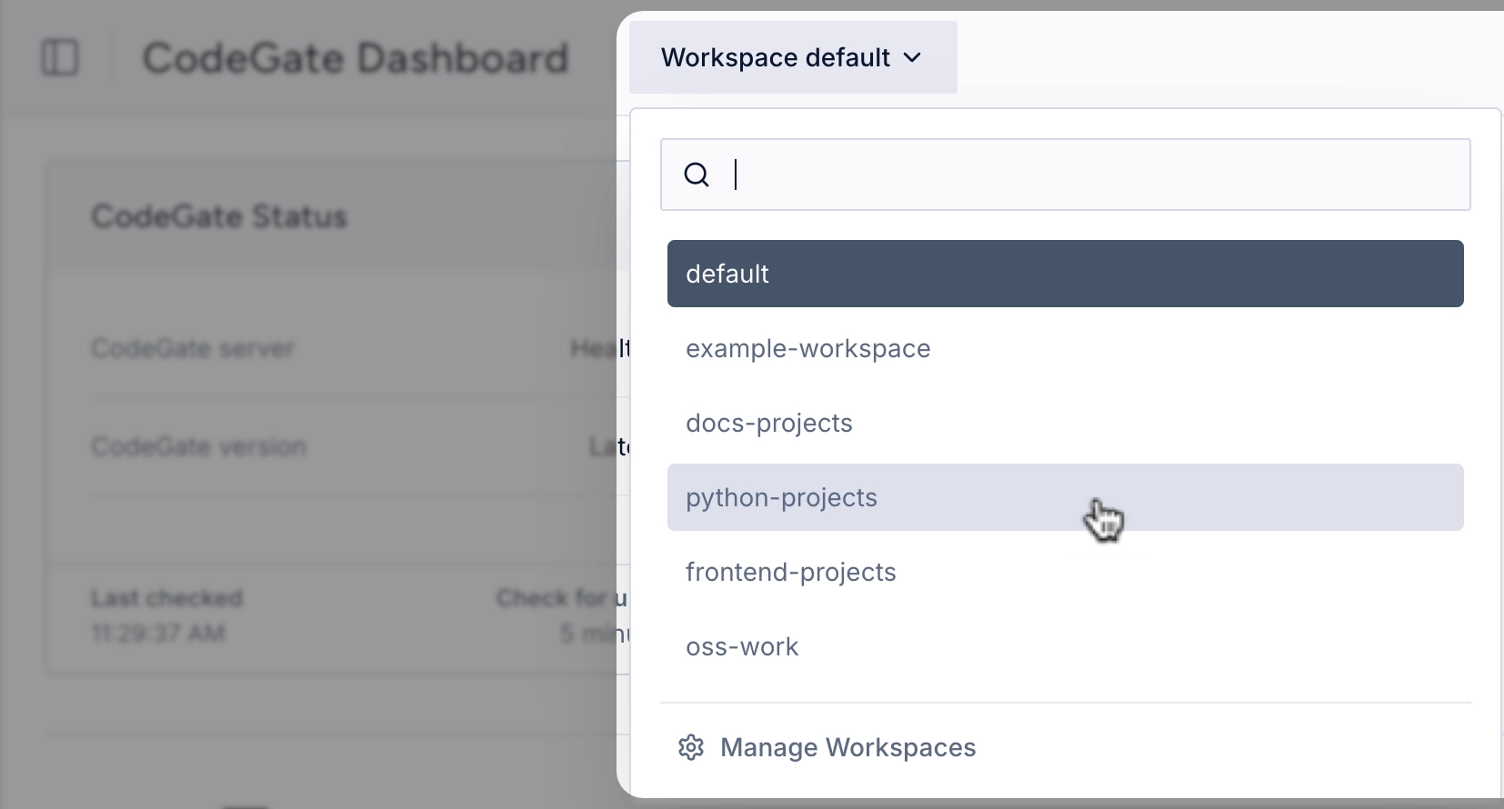 The workspace drop-down menu in the CodeGate dashboard